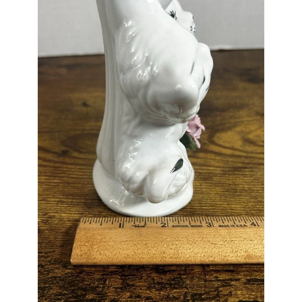 Vintage Sophia-Ann White Cat Vase Pink Roses Blue Accent Ceramic Figurine 7”